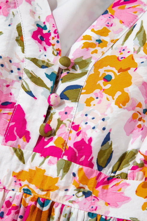 Red Floral Short Sleeve V Neck High Waist Maxi Dress